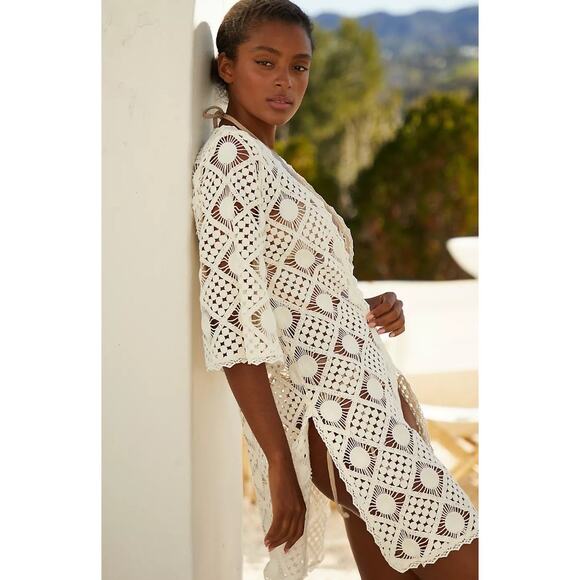 Anthropologie Other - Anthropologie White Half Sleeve Flowy Cotton Fauxchet Robe Womens Medium